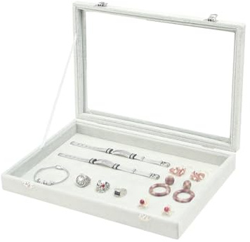 Coward Jewelry Organizer Tray Box, Grey Beige Velvet Blank Display Tray Case with Lid for Storage Necklaces Bracelets Rings Beads and Jewelry Accessories