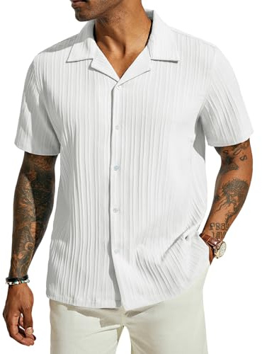 PJ PAUL JONES Mens Casual Shirts Short Sleeve Button Down Shirts Regular Fit Dress Shirts White Hawaiian Shirts