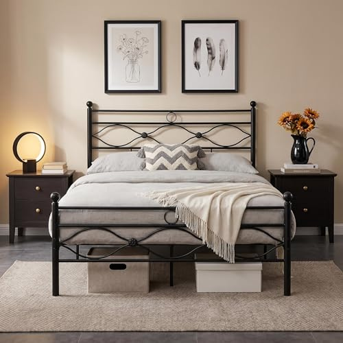 Panana Metal Bed Quality Frame Small Double Size Metal Platform Bed Frame with Headboard Mattress Foundation (Black, 4FT)