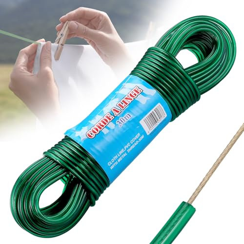 30m Washing Line Rope, Heavy Duty Clothes Line Steel Core, Strong String 4mm Dia Clotheslines, Long Clothes Lines for Outside Garden Travel, Rustproof and Waterproof Washing Lines, 120kg LC (Green)