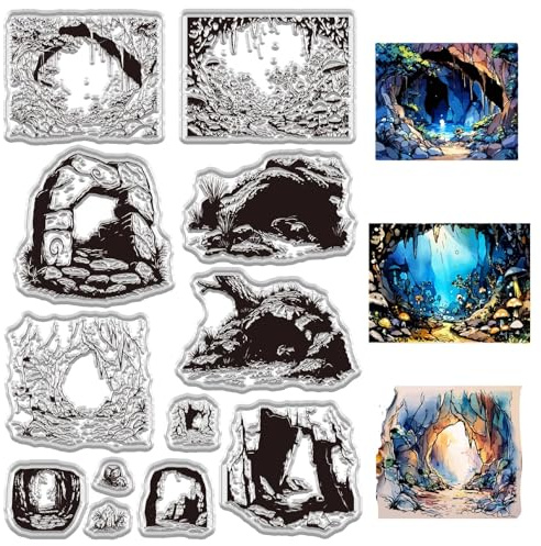 CRASPIRE Grotta gummi klar stämpel genomskinliga silikonstämplar 16 x 10,9 cm vintage retro grotta hål tätningar ark bakgrund tryck skylt gör-det-själv hantverk porto PVC scrapbooking göra kort