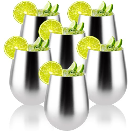 LOPYXBR 6 st. vinmuggar rostfritt stål 530 ml, 45 ml vinglas rostfritt stål utan stam, silver vinmugg för hem, restaurang, fest, camping