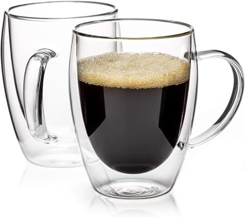 SCJHMY Double Walled Coffee Glasses Mugs Cappuccino Latte Macchiato Glasses Cups with Handle Borosilicate Heat Resistant Glass Cups for Coffee Tea Milk Juice Ice Cream (350ml - Box of 2)