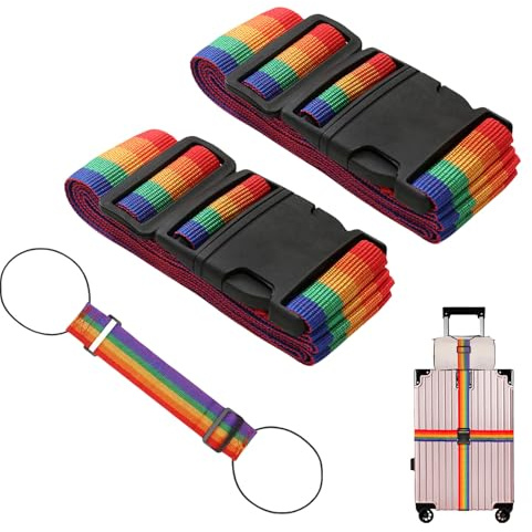 THXFUNAREA Confezione da 3 cinta para maletas de viaje,set di cinghie per valigie,cinghie resistenti per valigie,cinghie regolabili per bagagli,accessori premium per borse da viaggio,colori arcobaleno