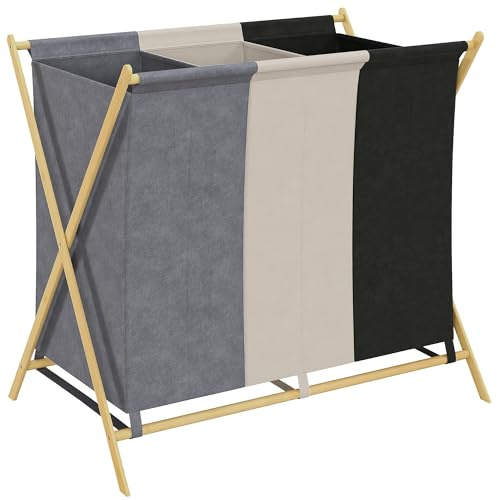 HOMCOM Cesto Portabiancheria Pieghevole a 3 Scomparti da 129L Totali, Cesto per il Bucato in Bambù e Tessuto Effetto Lino, 75x48x67 cm, Multicolore