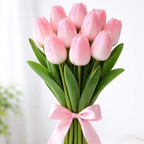 MQIAN 10 Pezzi Tulipani Artificiali, Fiori Artificiali, Fiori Decorativi per Camera di Nozze, Matrimoni, San Valentino, Festa della Mamma, Pasqua (Rosa)