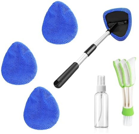 Car Windscreen Cleaner Tool, 7 Pcs Extendable Car Windshield Cleaning | 180° Rotating Extendable Handle, 4 Microfiber Pads Spray Bottle Detail Brush, Windshield Cleaner for Inner Outer Glass