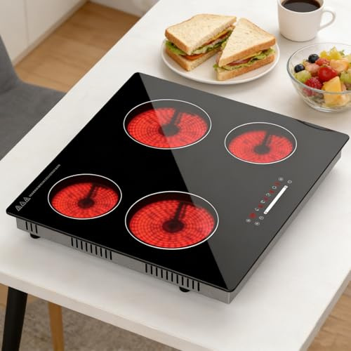 Argyolas Piano Cottura in Vetroceramica 4 Fuochi 60 cm, 6000W, Controllo Slider Touch,compatibilità universale della padella