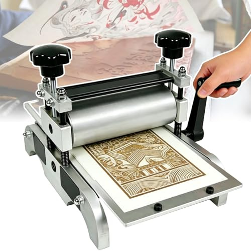 Platt tryckpress, handmanövrerad gummipress med justerbar rullhöjd för papper, träblock, linoleum och kopparplattetryck