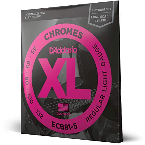 D'Addario XL Chromes Flat Wound basgitarrsträngar – ECB81-5 – 5 strängar – lång skala – regular light, 45–132