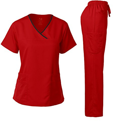 Dagacci Medical Uniform® Scrubs for Women Set – Natural Stretch Contrast Binding Top and Pants Sets for Women – 9 Pockets (Medium, Red)