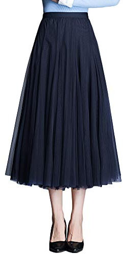 Damen Tüllrock Midi Faltenrock 78cm Länge Hoher Bund Schick Rock Elastisch Taille Drapiert Stoff, Marineblau
