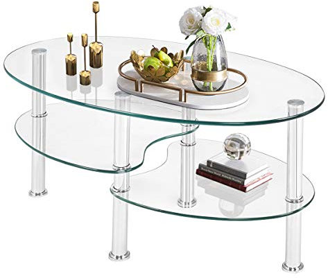 GOPLUS 3 Ebenen Couchtisch Glas, Beistelltisch oval mit Metallgestell, Glastisch Wohnzimmertisch für Wohnzimmer & Büro, modernes Design (Transparent)
