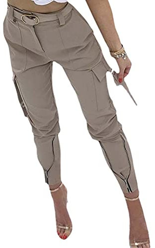 Onsoyours Damen Hosen Plaid Jogginghose Sporthose Combat Cargo Relaxed-Fit Multi Taschen Freizeithose Punk Hosen Hip Hop Jogger Street Hose Ohne Gürtel Khaki M