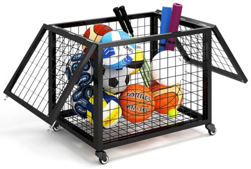 CStern Ballvagn med hjul, gallervagn med lock, låsbar bollförvaringsvagn, bolllåda, bollhylla, bollkorg, hylla sportutrustning för basket, fotboll, volleyboll, gymnastikboll, tennisboll