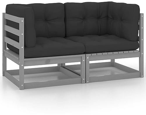 Mengtu Gartensofa 2-Sitzer mit Kissen Grau Kiefer Massivholz Set Sitzmöbel Sitzgruppe Gartensofa Sofa Couch Garnitur Lounge Sofa Gartenset Sitzgarnitur Terrasse Balkon Garten Gartenmöbel