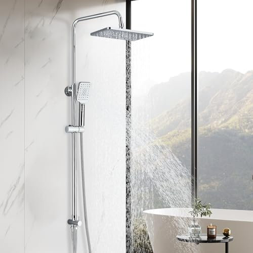 Cesinkin Colonne de Douche sans Robinet Chromé Réglable Ensemble de Douche avec Douchette Pommeau de Pluie Carrée 29 * 19cm Acier Inoxydable