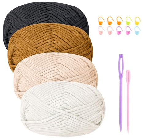 Tjockt bomullsullgarn för virkade nybörjare – 4 x 50 g Amigurumi-garn med tillbehör, enkel virkning startsats kakibrun