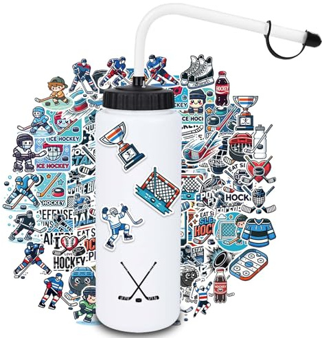 RhythmFit Hockey Water Bottle with Long Straw, 100 Stickers, 1-Pack 35 oz