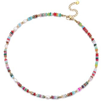 CrystalTears Bunte Perlenkette Damen 4mm Beads Edelsteine verstellbare Halskette Vintage Boho Strand Halsschmuck spirituelle Geschenke