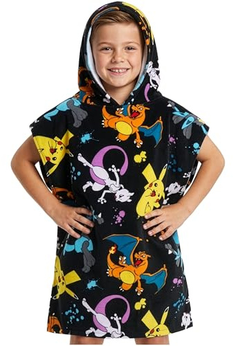 Pokémon Toallas Baño con Capucha para Niños Adolescentes Kawaii Toalla Poncho Piscina Playa Poncho Toallas Algodon Regalo Niños (Black/Multi, 6-9 Años)
