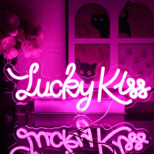 UExnkj-Y Lucky Kiss Letrero de Neón Señal de Neon Rosa Carta Adecuado para estudio, Sala de juegos,fiesta, decoración de pared luz de neon alimentado por USB con interruptor regulable
