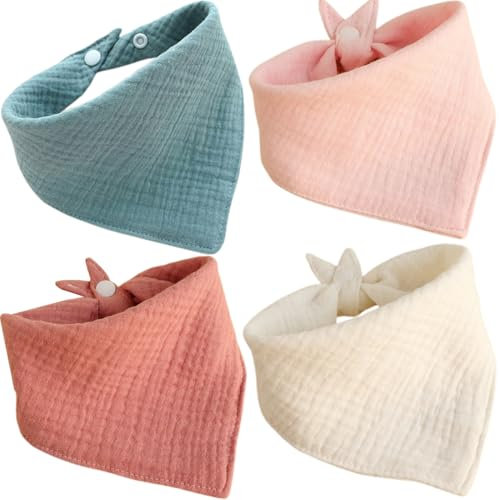 WUSJCOF 4 Stück Baby Dreieckstuch Lätzchen, Doppellagig Weiche & Absorbierende Musselin Halstüch Sabberlätzche mit 2 Verstellbares Druckknopf