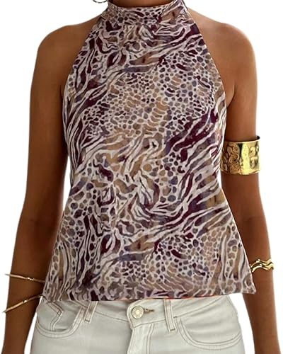Donne Y2k Floreale Halter Tank Top Collo A Lupetto Boho Stampa Floreale Senza Maniche Gilet Estetica Uscire Spiaggia Cami Camicie, Marrone chiaro, S