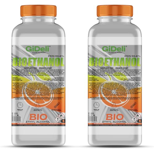 GiDeli Bioetanol 2 x 1 l de aroma a naranja 96,6% etanol para chimeneas interiores y exteriores, sin humo ni hollín, de maíz y remolacha azucarera