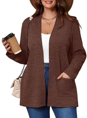 AusLook Women's Plus Size Lightweight Open Front Cardigan Dark Coffee 5X Causal Long Sleeve Sweater Cover Ups Jacket Shrugs Tops Shawls and Wraps Kimono