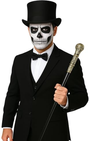 labreeze Men’s Black Lincoln Top Hat, Black Bow Tie & Gold Top Cane Set for Halloween – Adult Fancy Dress Accessories for Magician, Vampire, and Ringmaster Costumes