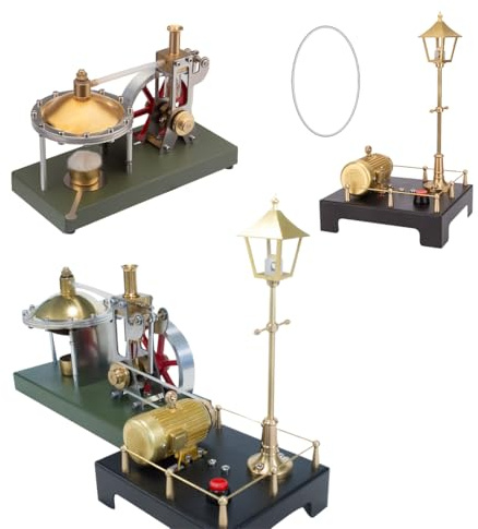 Retro Vertical Steam Engine Kit with Mini Generator and Lamp, 40PCS DIY Assembly Model Set, Spherical Boiler Metal Construction for Adult Hobbyists