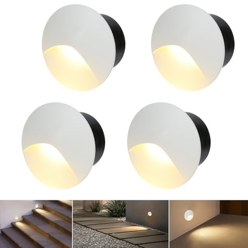 FWoche 4 Pezzi segnapasso led 3W 3000K Alu, Applique da Parete LED incasso per scale, 60mm IP44 luci scale con scatola da incasso illuminazione da parete, per Interno esterno giardino, guscio bianco