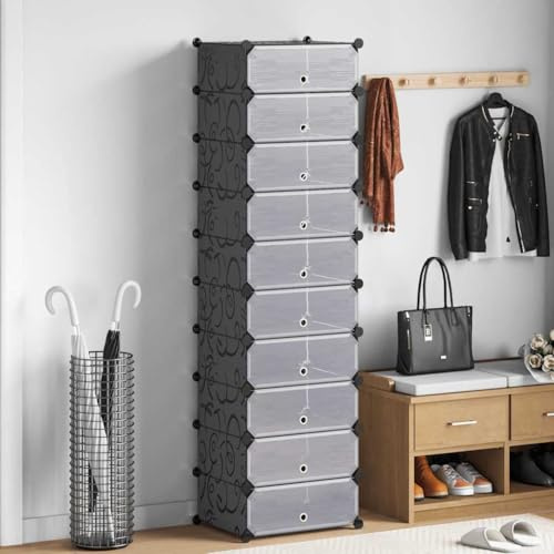 LoogCape Shoe Organiser Foldable with 10 Compartments, Black Plastic and Steel Frame, Shoe Rack, Cupboard Shelf, Stand, Tipper Chest of Drawers for Hallway, Hallway, Space-Saving 47 x 37 x 172 cm