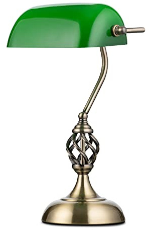 Kingswood Barley Twist Traditional Bankers Lamp - Antique Brass - Green Glass - Desk / Table Lamp
