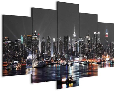 B&D XXL - Quadro NY New York 150x75 cm 5 Pezzi Stampa su tela XXL Immagini Moderni Murale Fotografia Grafica Decorazione da parete Quadri Componibili Citta City Architettura d-A-0022-b-n