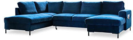 MIUFORM Lofty Lilly mit Bettkasten | 8 Sitzer Ecksofa | U-form links | 303 x 197 x 84cm | Klappsofa mit Schlaffunktion | Schlafsofa klappbar | Wohnlandschaft (Velour Navy blau)