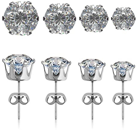 FuninCrea Lot de 4 boucles d'oreilles diamant zircone boucle oreille argent sterling 925 unisex