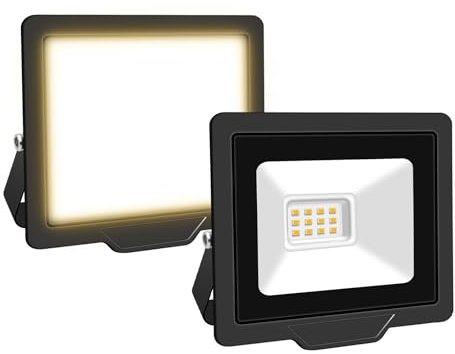 Willpower 2pcs Faretto LED da Esterno 10W 1000LM Faro LED Bianca Caldo 4000K Proiettore LED Impermeabile Lampada Luce di Sicurezza a LED Illuminazione per Giardino Garage Cortile Patio Corridoio