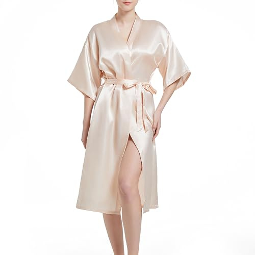 JCQIGOA satin kimono dam morgonrock bride badrock lätt japanska bröllop badrockar pyjamas kort, champagne, XL