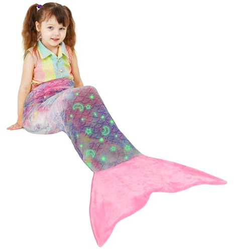 Catalonia Classy Glow in the Dark Mermaids Tail Blanket, Soft Warm Plush Fleece Sleeping Bag Cuddly Blanket, 155 x 50 cm Fish Scale Pattern, Starry Sky