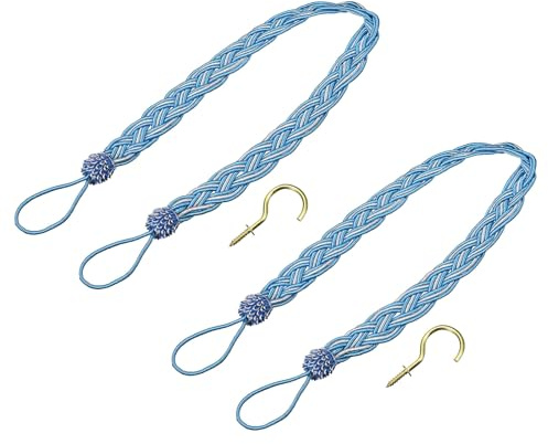 QUARKZMAN 2Pezzi Fermatenda per Tende, 58cm/23 Fermatenda per Drappeggio Intrecciato, Corda Decorativa con 2 Ganci Metallici, Blu/Argento