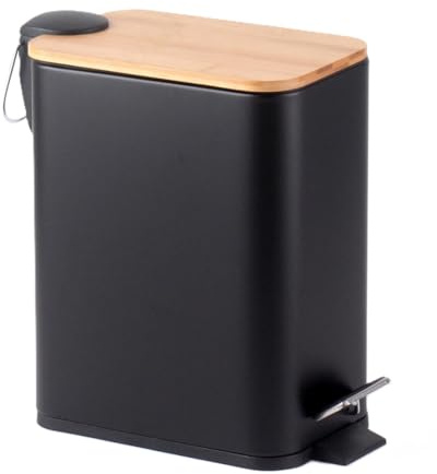 HOMION PEDAL BIN BATHROOM 5L SLIM RECTANGULAR REMOVABLE BUCKET WASTE DUST SLIMLINE EASY TO CLEAN 5 LITRE TOILET STAINLESS STEEL (Black With Bamboo LID)