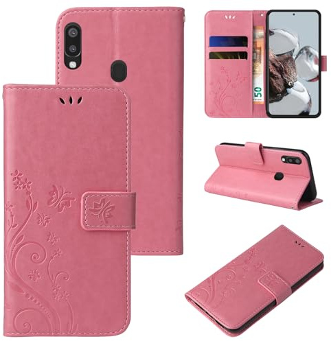 LBH Handy Hülle für Samsung Galaxy A20e Case Handytasche Schmetterling Blumen Flower Standfunktion Schutzhülle Magnet Rundum Schutz 360 Grad Flipcase Cover Rosegold