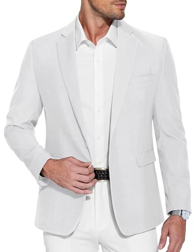 COOFANDY Vestes pour Hommes Veste de Loisirs Sportive Blazer d'affaires pour Hommes Vestes de Costume de Sport avec Revers Crantés Costume de Mariage Uni Blanc XL