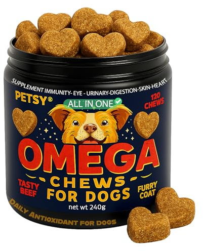 PETSY OMEGA 3 For Dogs Antioxidants Supplement UK, OMEGA 3 6 9, Daily Natural Wellness Treats 120 Supplement Heart Kidney Digestion vision Mobility Chews Puppy Adult Senior