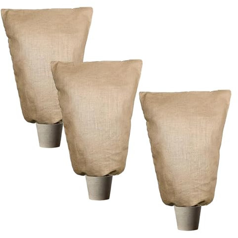 Fofetbfo Sacs de Couverture pour Plantes d'hiver en Toile de Jute, Grands Sacs Chauds en Toile de Jute avec Cordon de Serrage, Protection Contre Le Gel des Plantes en Toile de Jute (3