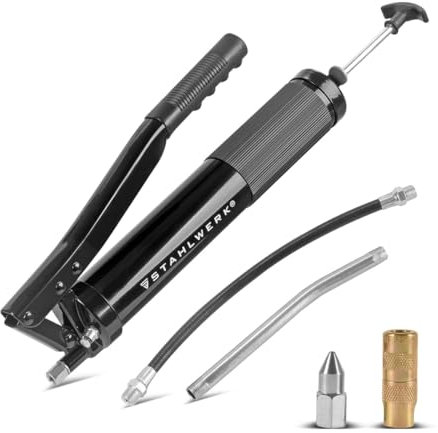 STAHLWERK Einhand-Fettpresse 600 ml 550 bar | Handhebelpresse aus robustem Stahl | Fettpresse für Loses Fett oder 400 g Kartusche | Handpresse zur Schmierung mit flexiblem Schlauch