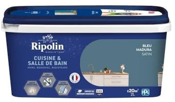 Ripolin - Peinture Intérieure Cuisine et Bain – Murs, Boiseries et Radiateurs - Adapté Pièces Humides - Effet Perlant - Lessivable - Haute Résistance - Bleu Madura - Satin - 2L