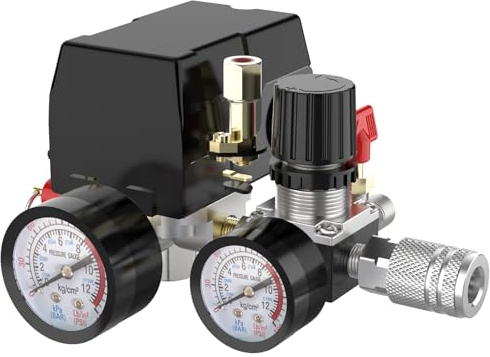 Air Compressor Pressure Switch Control Valve, cnaodun 90-120 PSI Air Compressor Switch Equips Four-Port Pressure Regulator Gauge 1/4 NPT Thread